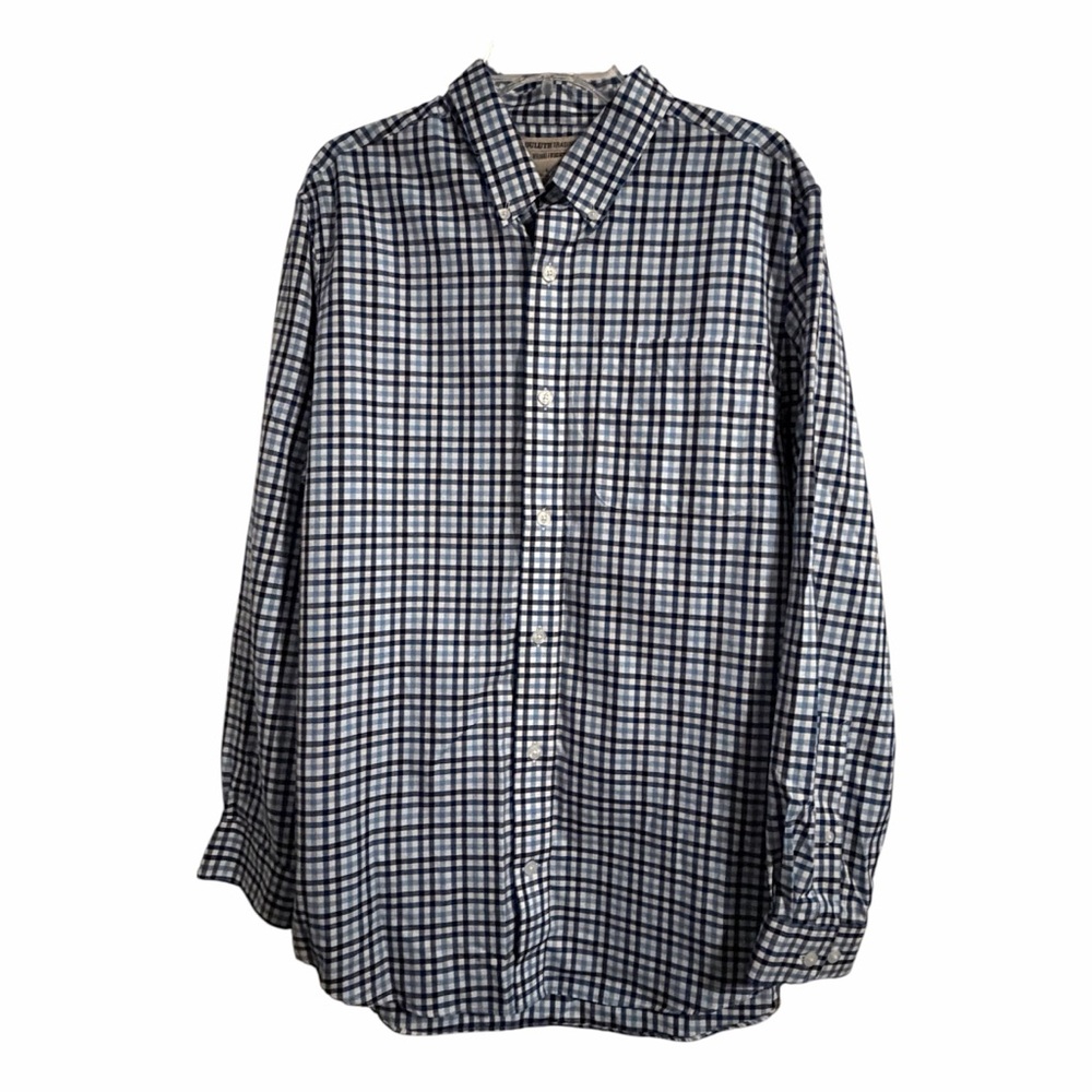 Duluth Trading Co Blue and White Plaid Wrinkle Fighter Trim Fit Shirt - L